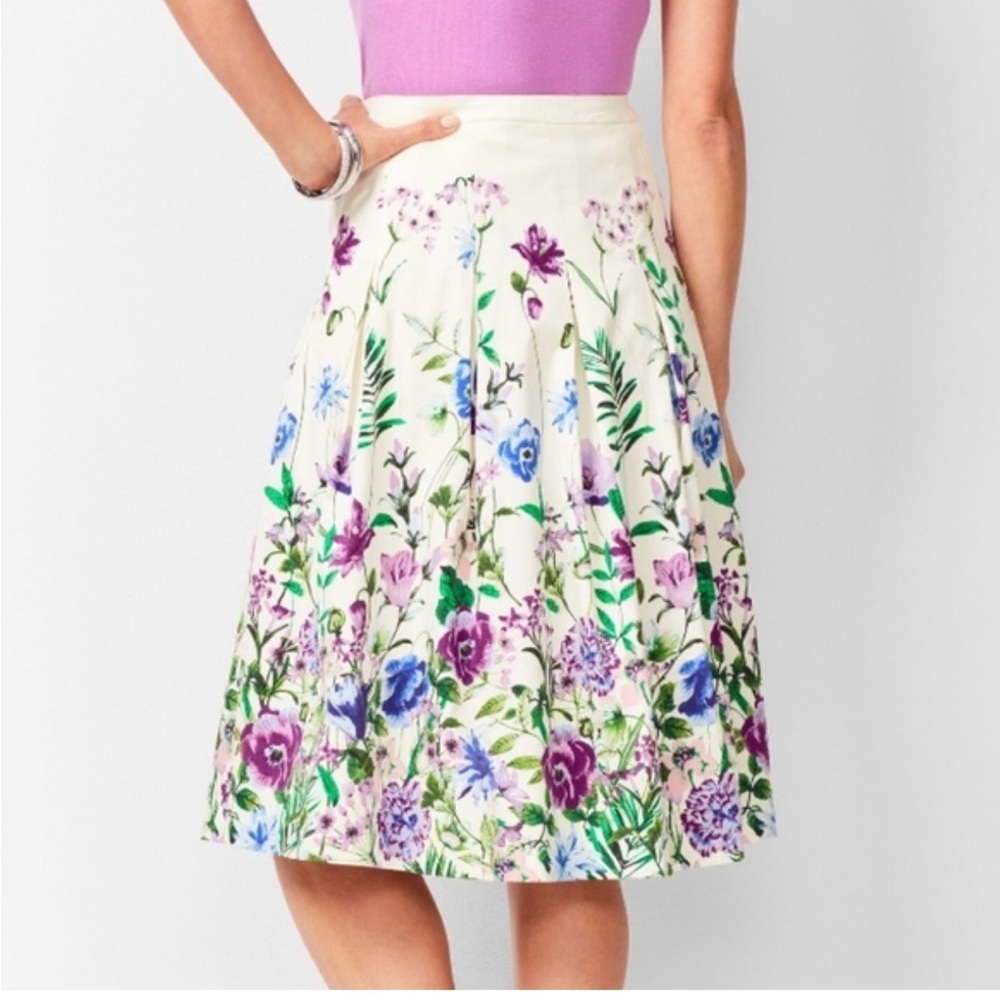 RSVP by Talbots Cream Floral A-Line Pleated Skirt with Purple and Blue Blooms